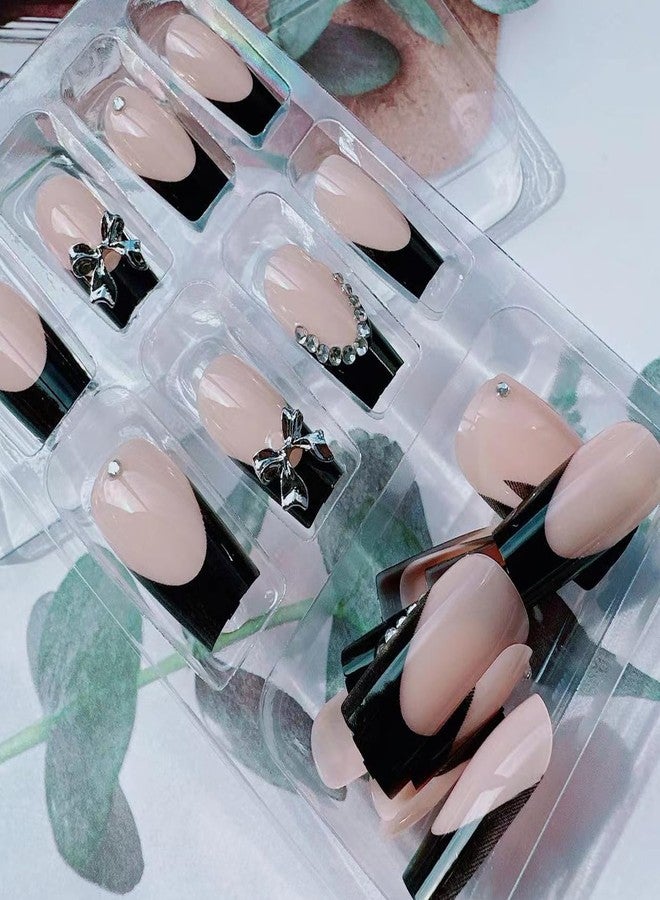 YKZFUI 24Pcs Black French Press on Nails Long Coffin Fake Nails with Charm Bow Design,French Tip DIY Manicure Square False Nails Press ons Glitter Rhinestone Nails Kit for Women,Daily Wear Nail Decorations - Image 4